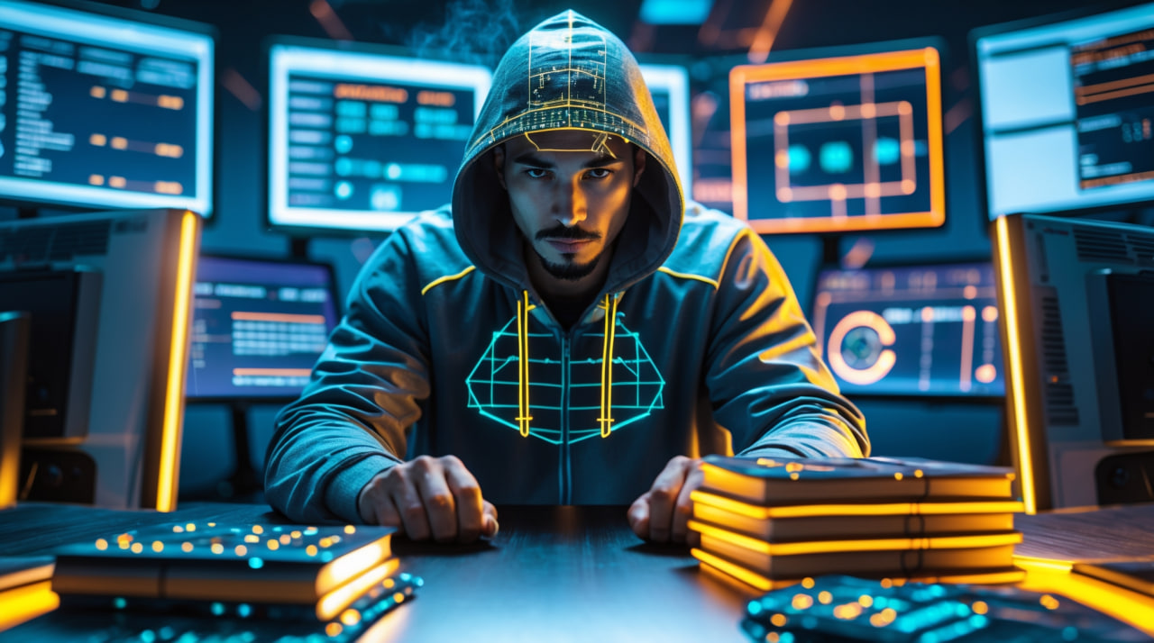 Молодой ИБ-специалист перед мониторами, символизирующими работу с кибербезопасностью и программированием.